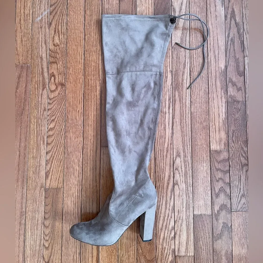 TAUPE FAUX SUEDE THIGH HIGH BOOTS SIZE 11 4” HEELS NWOT